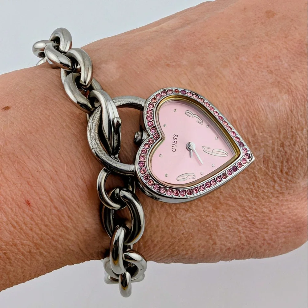Guess Pink Heart Crystal Charm Watch Silver Tone Chain Bracelet Y2K 25mm 7